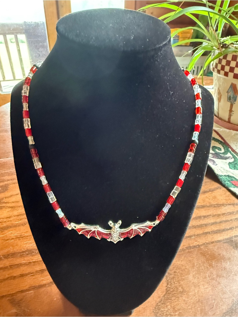 Red Bat Pendant Beaded Necklace